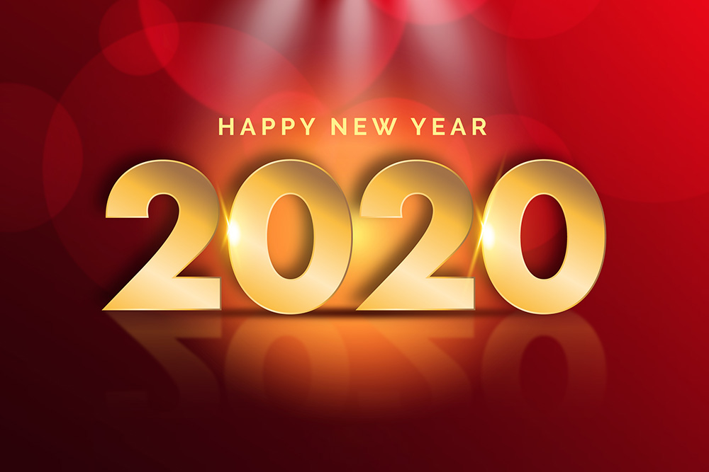 Realistic golden new year 2020 and happy new year lettering Free Vector