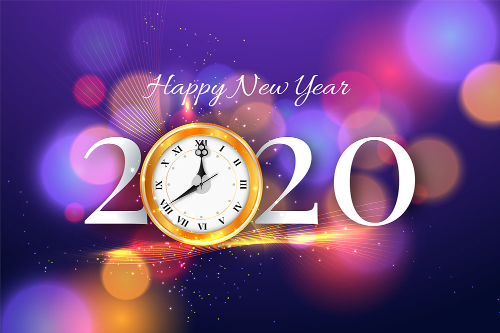 Happy new year 2020 with clock and bokeh background Free Vector