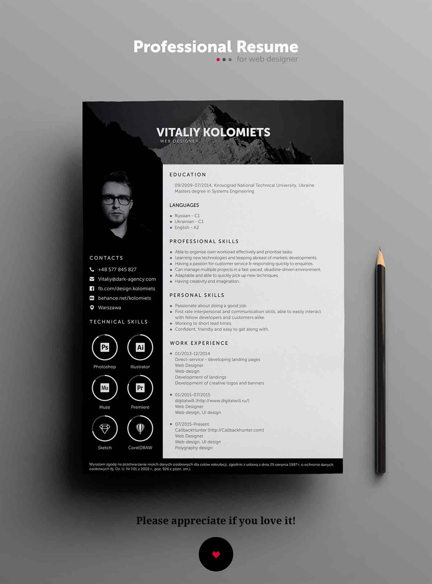 Creative Professional Resume PSD Template Indiater