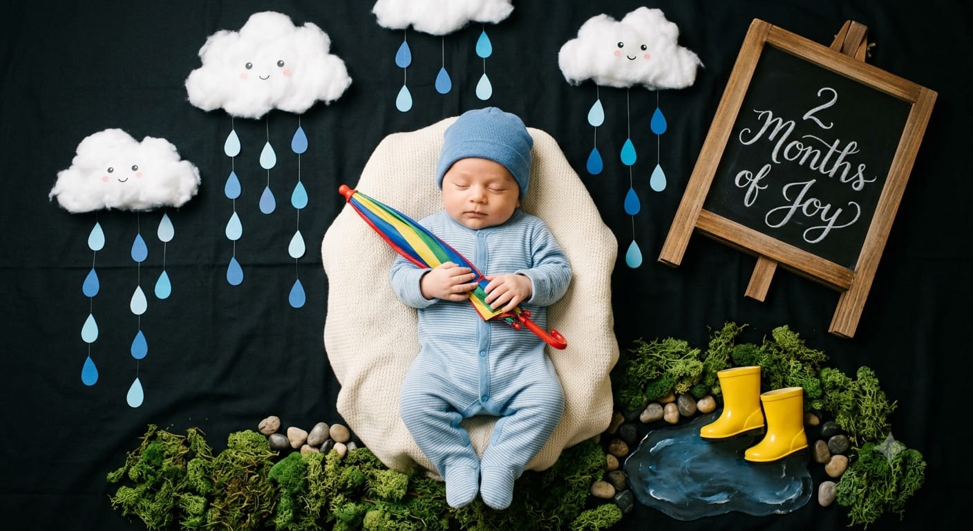 2-Month Baby Milestone Photoshoot AI Prompt | Cinematic Rainy Day Studio Portrait
