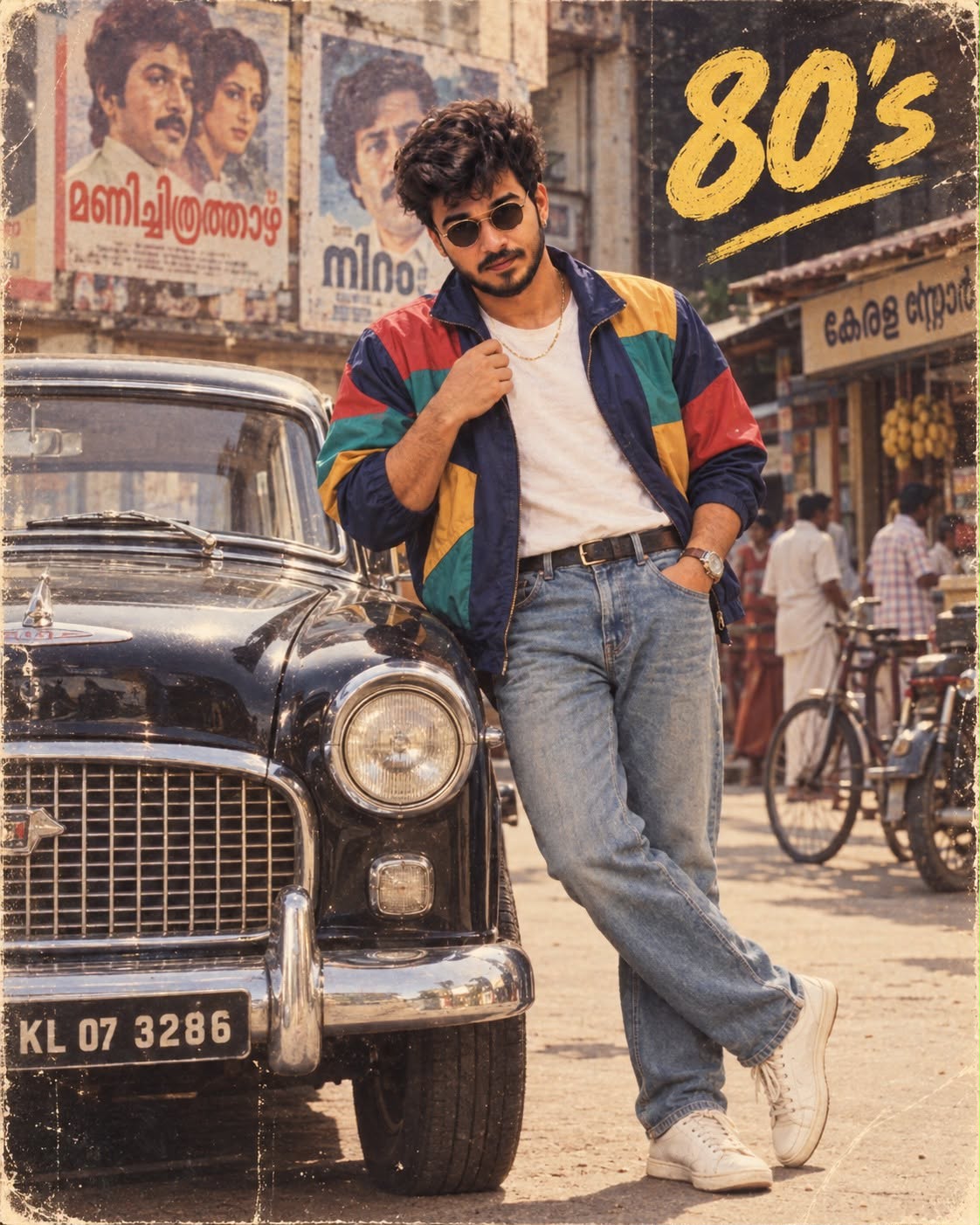1980s Kerala Retro Hero Portrait with Vintage Car | AI Image Prompt
