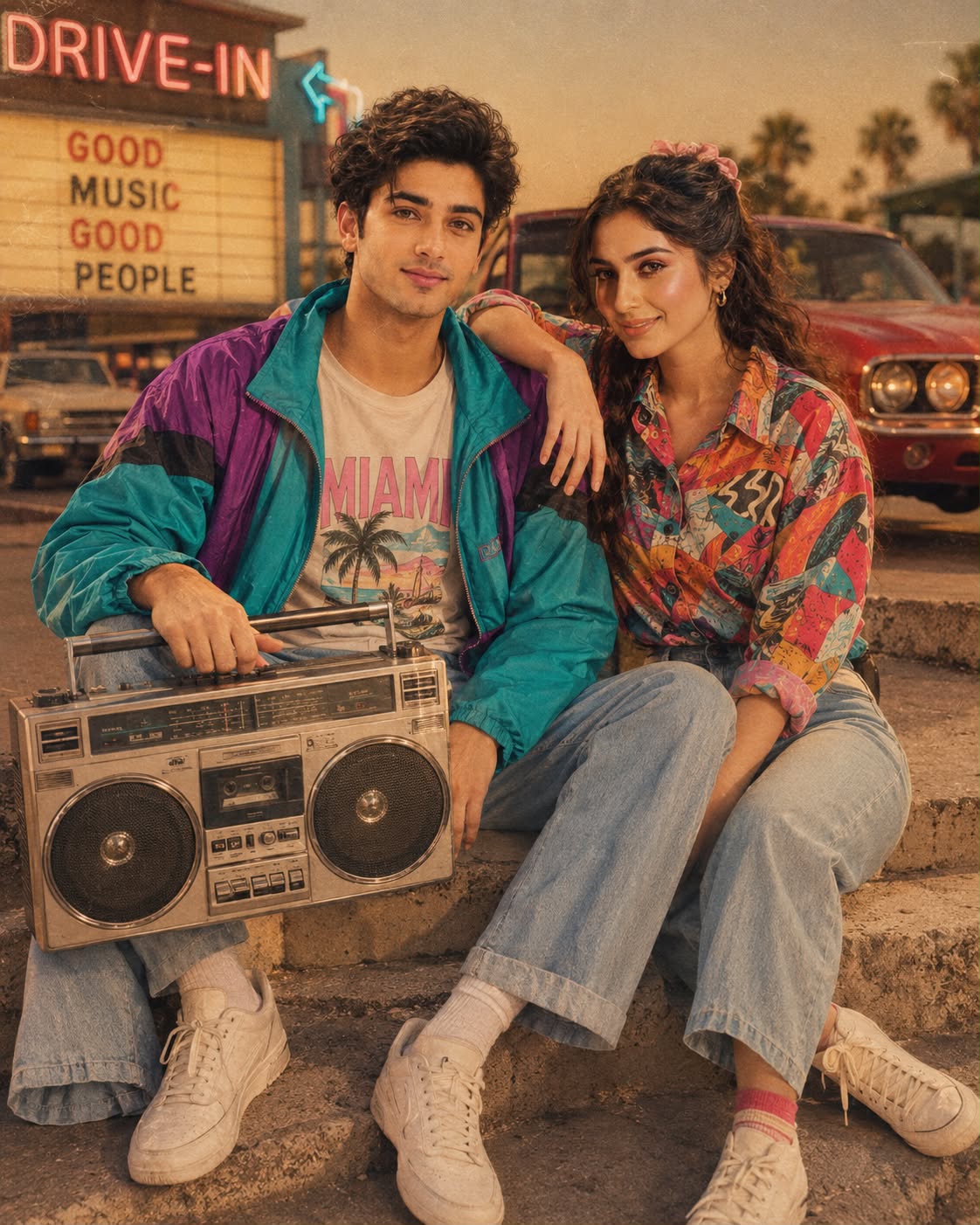 1980s Retro Couple with Boombox & Classic Car | AI Image Prompt