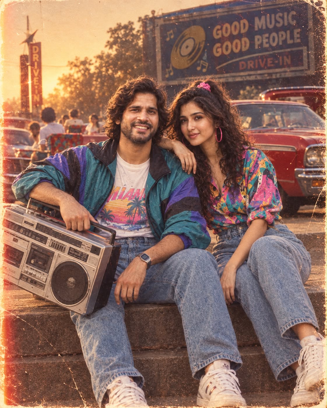 1980s Retro Couple with Boombox & Classic Car | AI Image Prompt