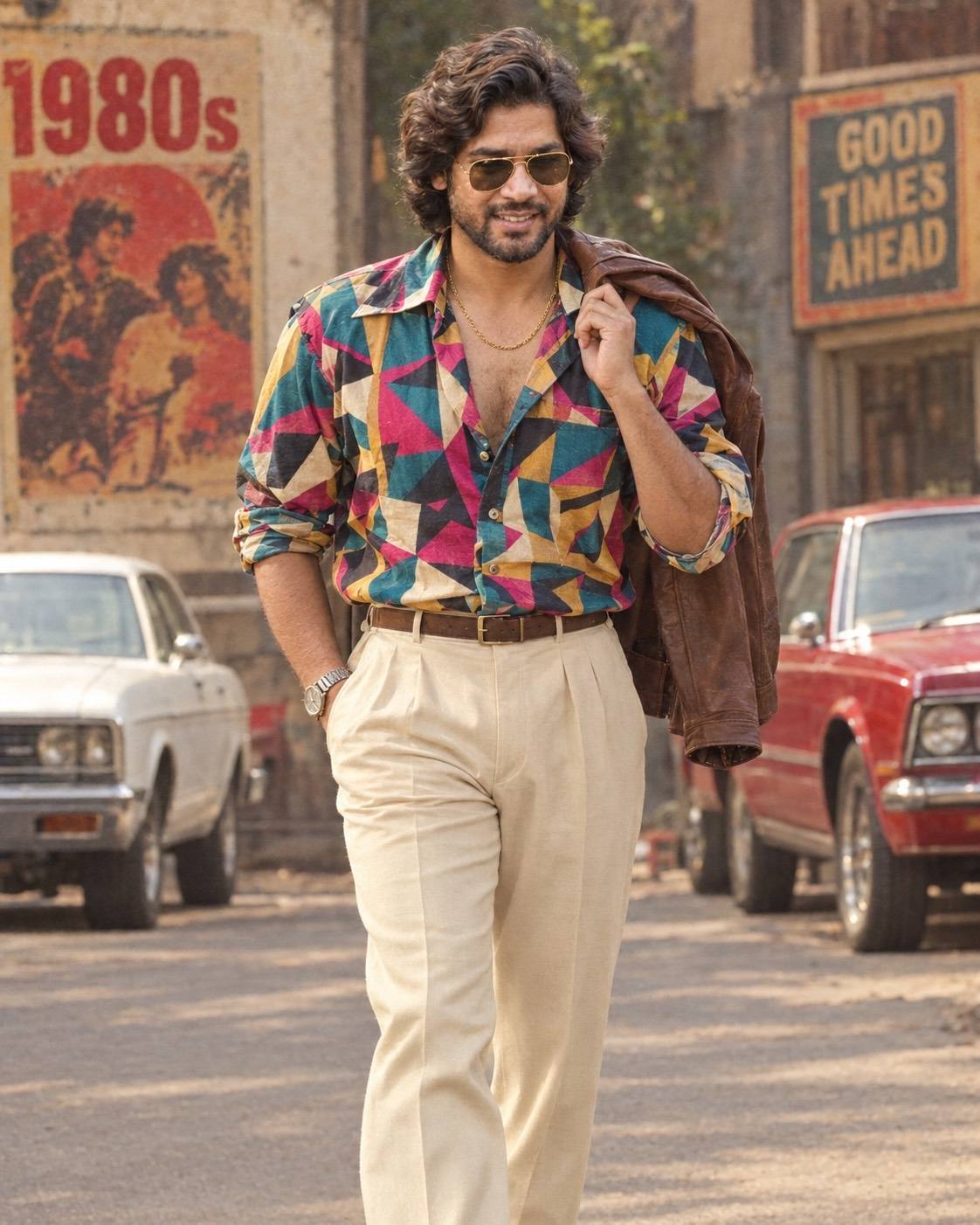 1980s Retro Man Walking Portrait with Vintage Car | AI Image Prompt