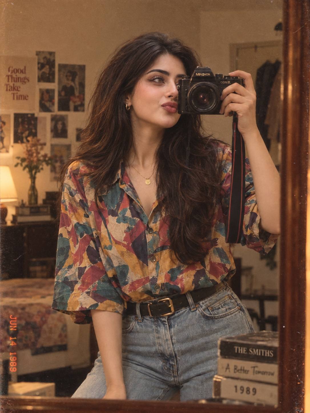 1980s Retro Mirror Selfie with Vintage Camera | AI Image Prompt