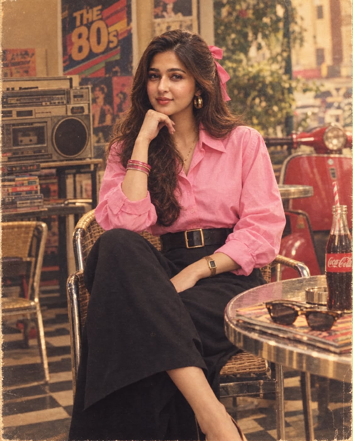 1980s Retro Woman in Pink Shirt & Black Skirt | AI Image Prompt