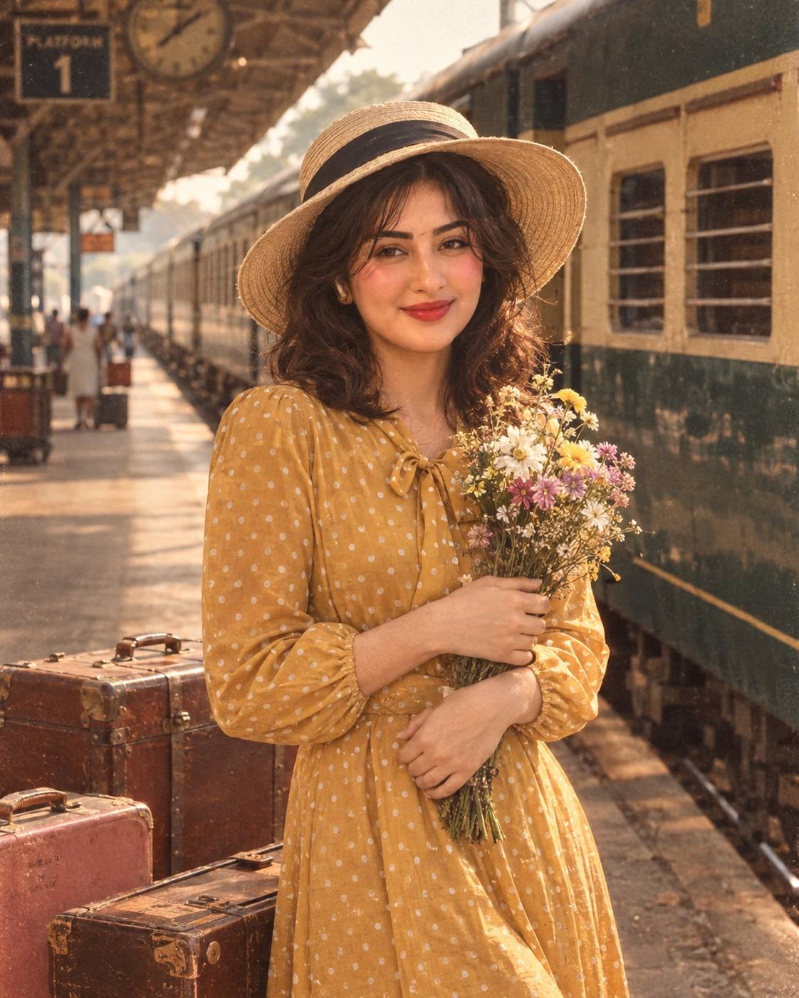 1980s railway station portrait AI prompt | Mustard polka-dot dress and vintage train