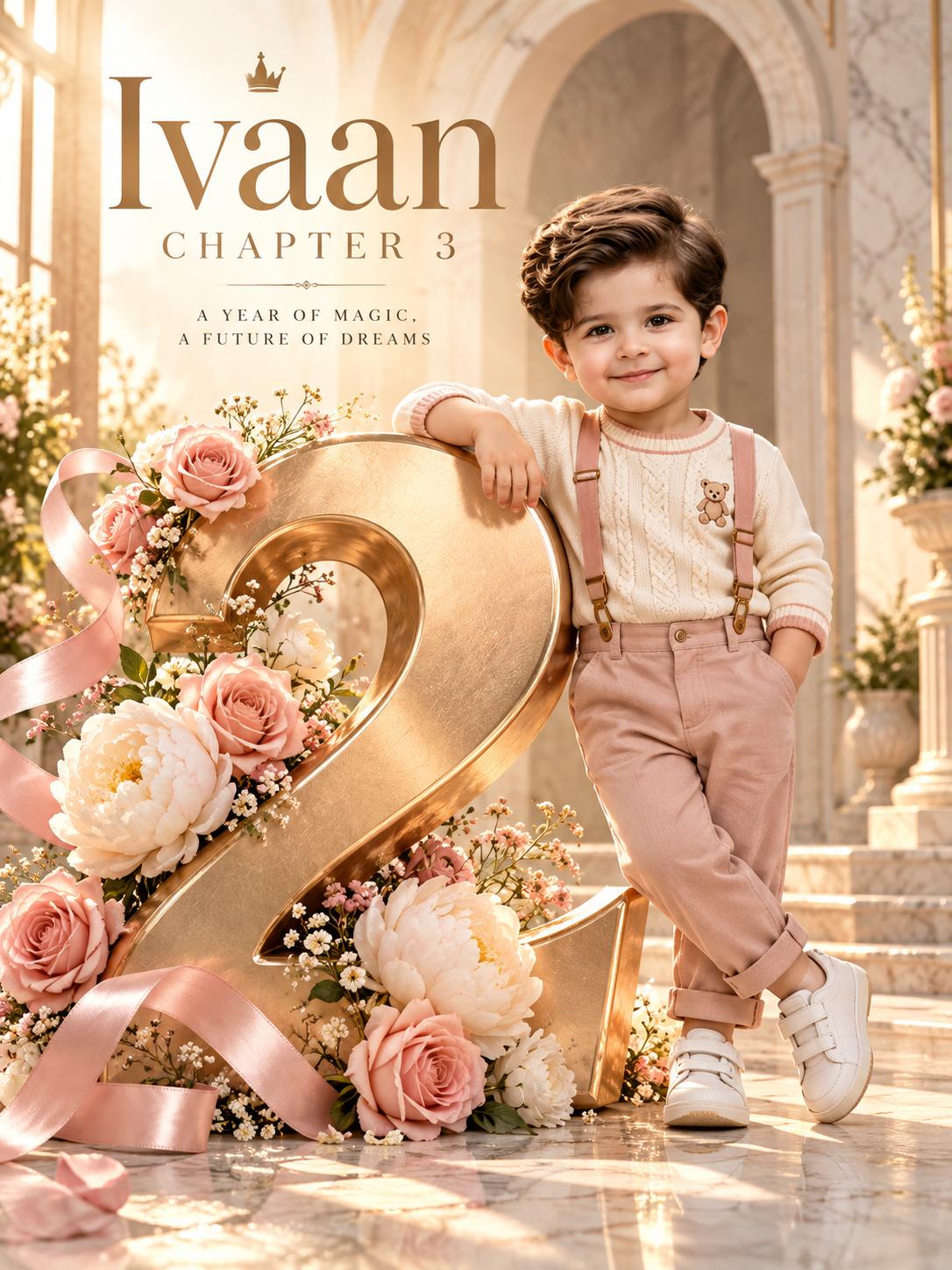 3rd birthday boy portrait AI image prompt chatGpt | Luxury rose gold birthday photography
