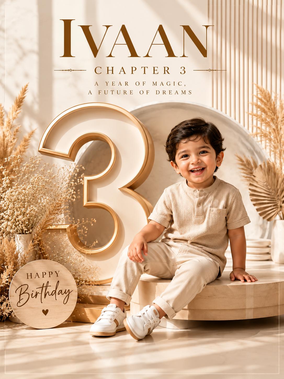 3rd birthday boy portrait AI image prompt chatGpt | Luxury rose gold birthday photography