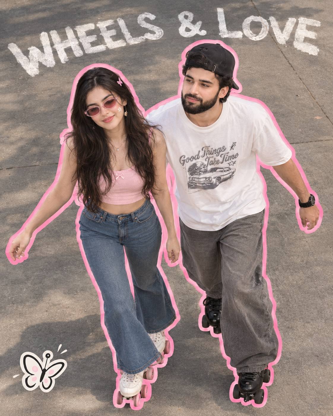Indian couple skating portrait AI prompt | Pink streetwear & sticker outline
