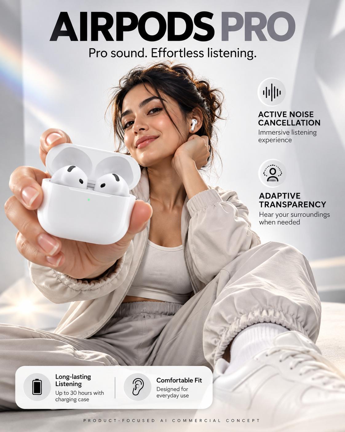 Apple AirPods Pro Advertisement – Tech Ads AI Image Prompt | Luxury Wireless Earbuds Campaign, 9:16 & 8K