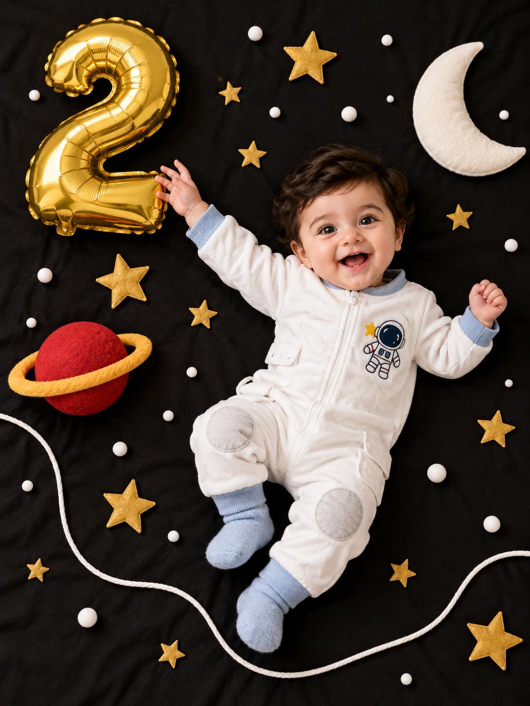 Baby space theme birthday AI image prompt | Photorealistic golden 2 years celebration