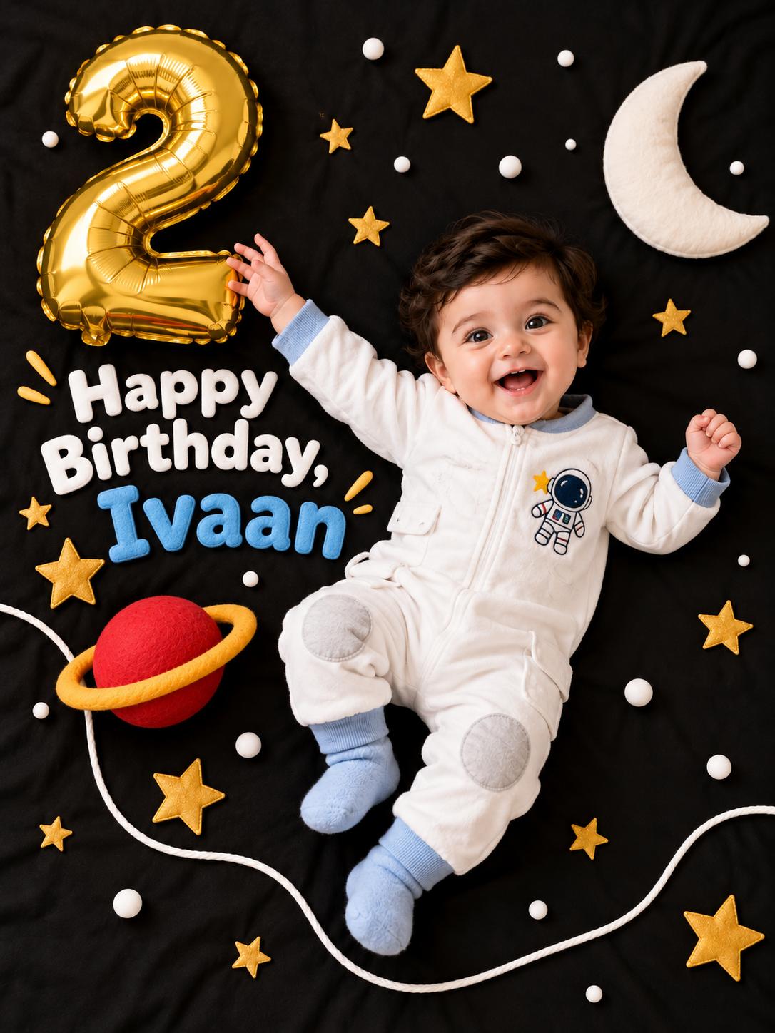 Baby space theme birthday AI image prompt | Photorealistic golden 2 years celebration