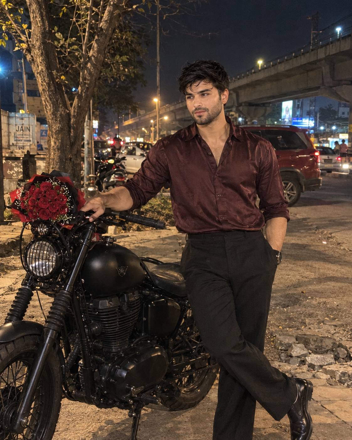 iPhone night portrait AI prompt | Man, vintage bobber motorcycle and red roses