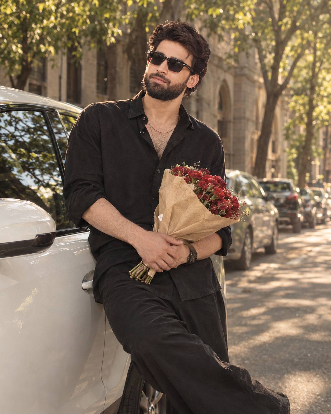 Cinematic street portrait AI prompt | Red flower bouquet & vintage car
