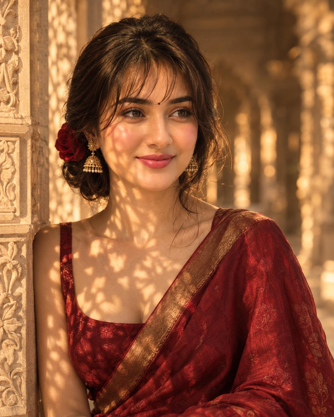 Crimson Silk Saree Royal Heritage Style AI Image Prompt | Golden-Hour Palace Fashion