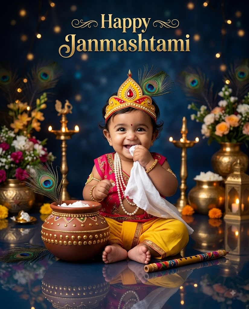 Cute Baby Krishna Janmashtami AI Photo – Makhan Matka & Flute Festive Portrait