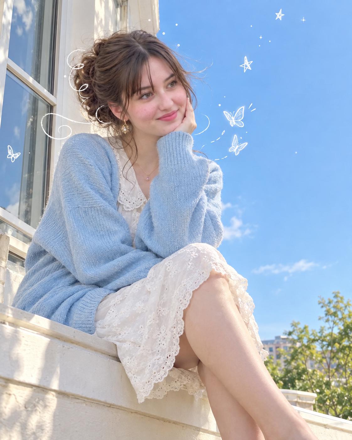 Blue Cardigan Girl Whimsical Doodle Style AI Image Prompt | Butterfly Aesthetic