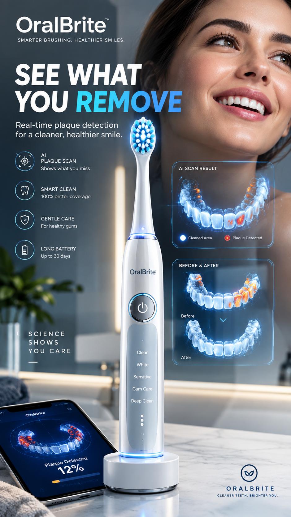 Electric Toothbrush Advertisement – Dental Ads AI Image Prompt | Plaque Scanning Visualization, 9:16 & 8K