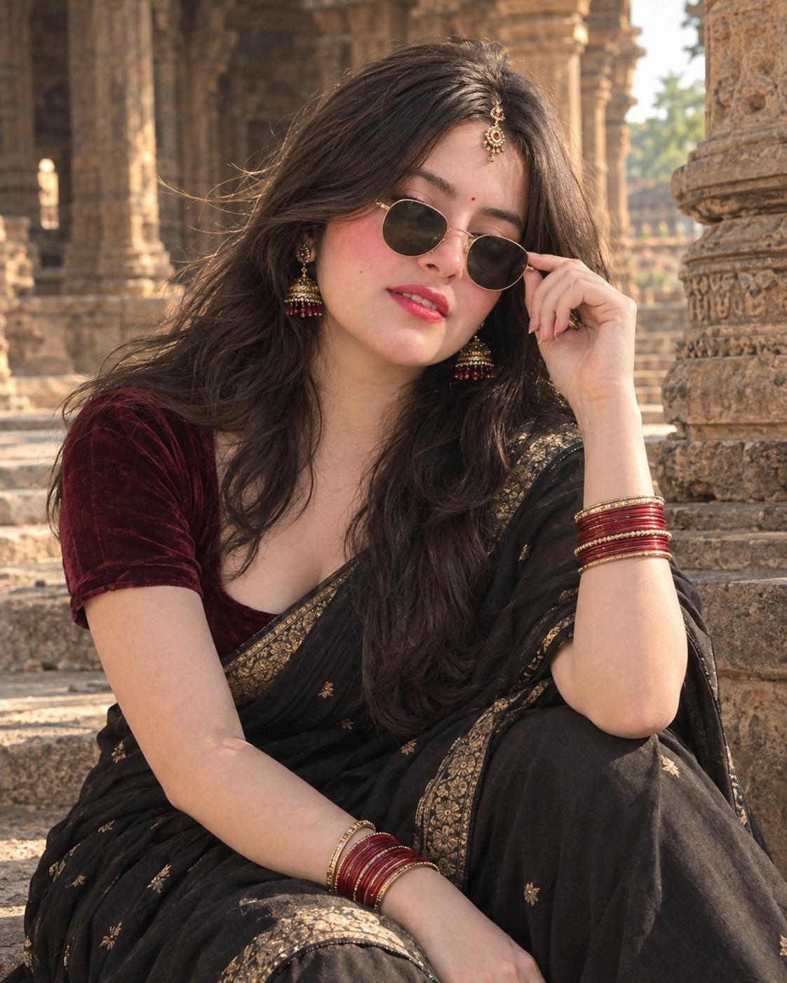 Indian Temple Saree Portrait AI Image Prompt ChatGPT | Black-Gold Saree, Maroon Blouse & Traditional Jewelry