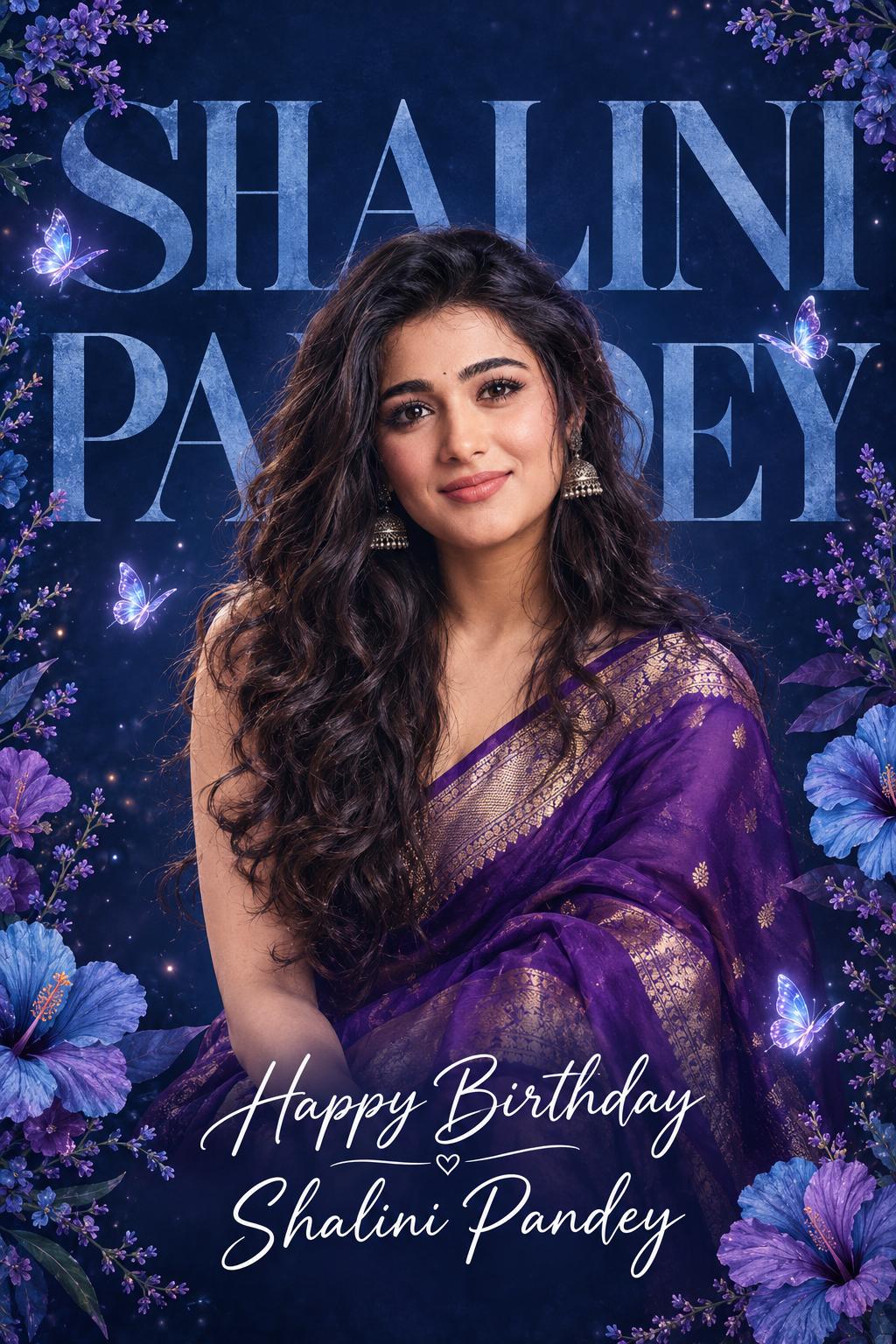 Elegant Women Birthday Poster AI Prompt | Purple Saree, Dreamy Floral & Butterfly Design