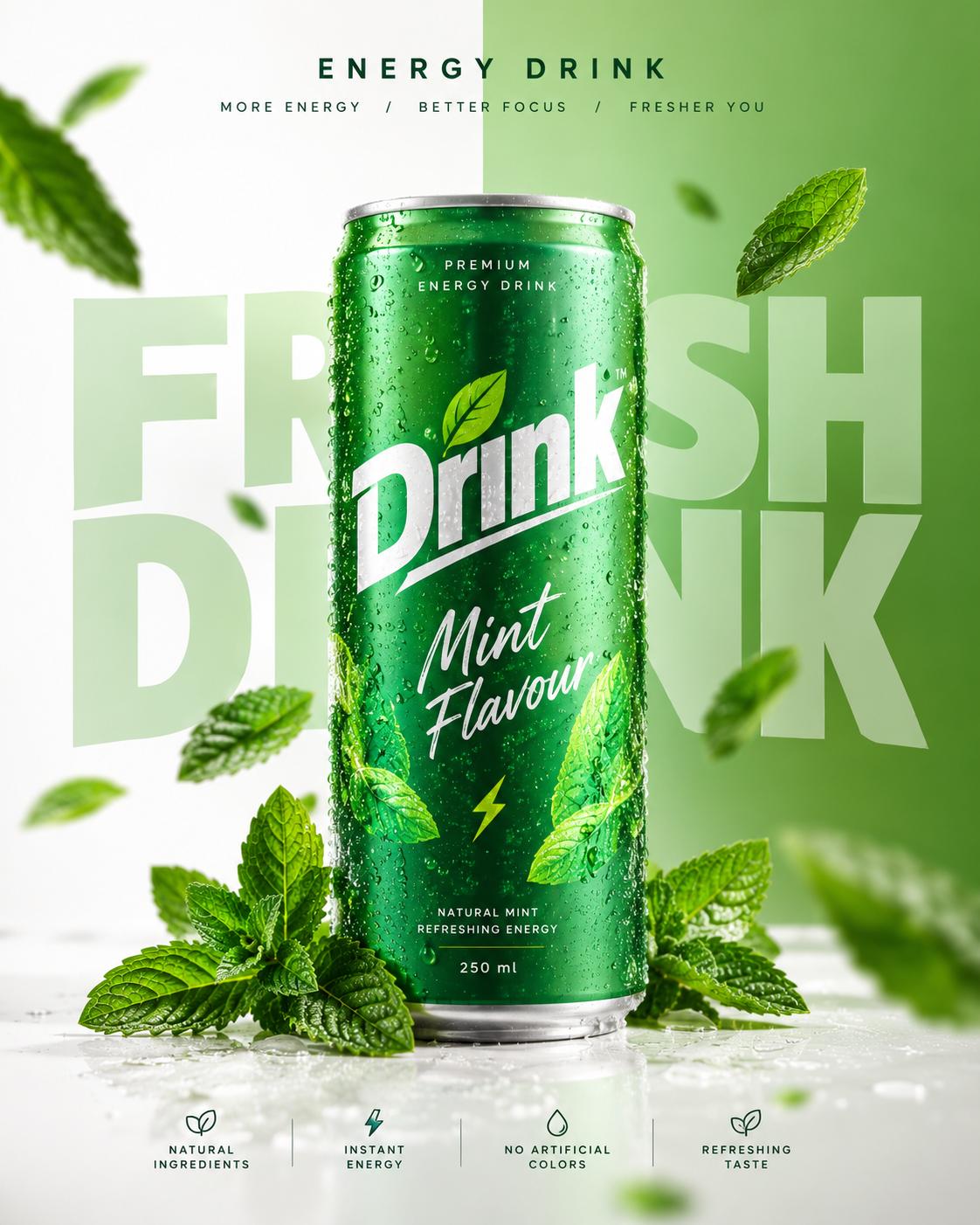 Energy & Soft Drink Advertisement – Beverage Ads AI Prompt | Green Can, Fresh Mint Leaves