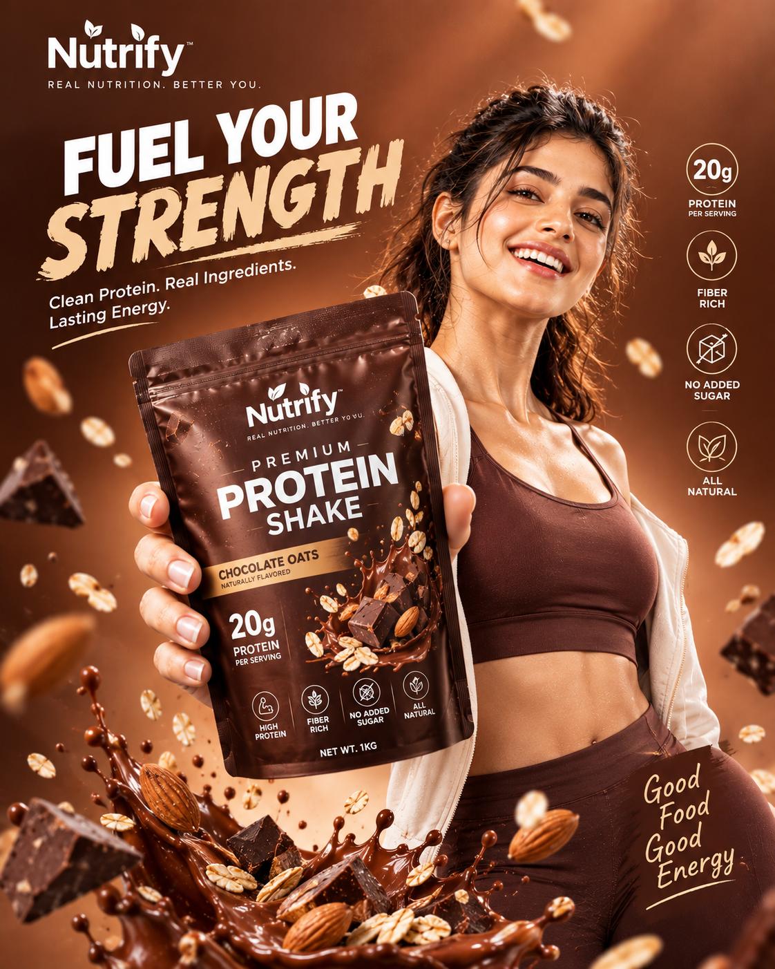 Fitness Protein Supplement Advertisement – Sports Nutrition Ads AI Prompt | Premium Pouch, Gym Model & 4K