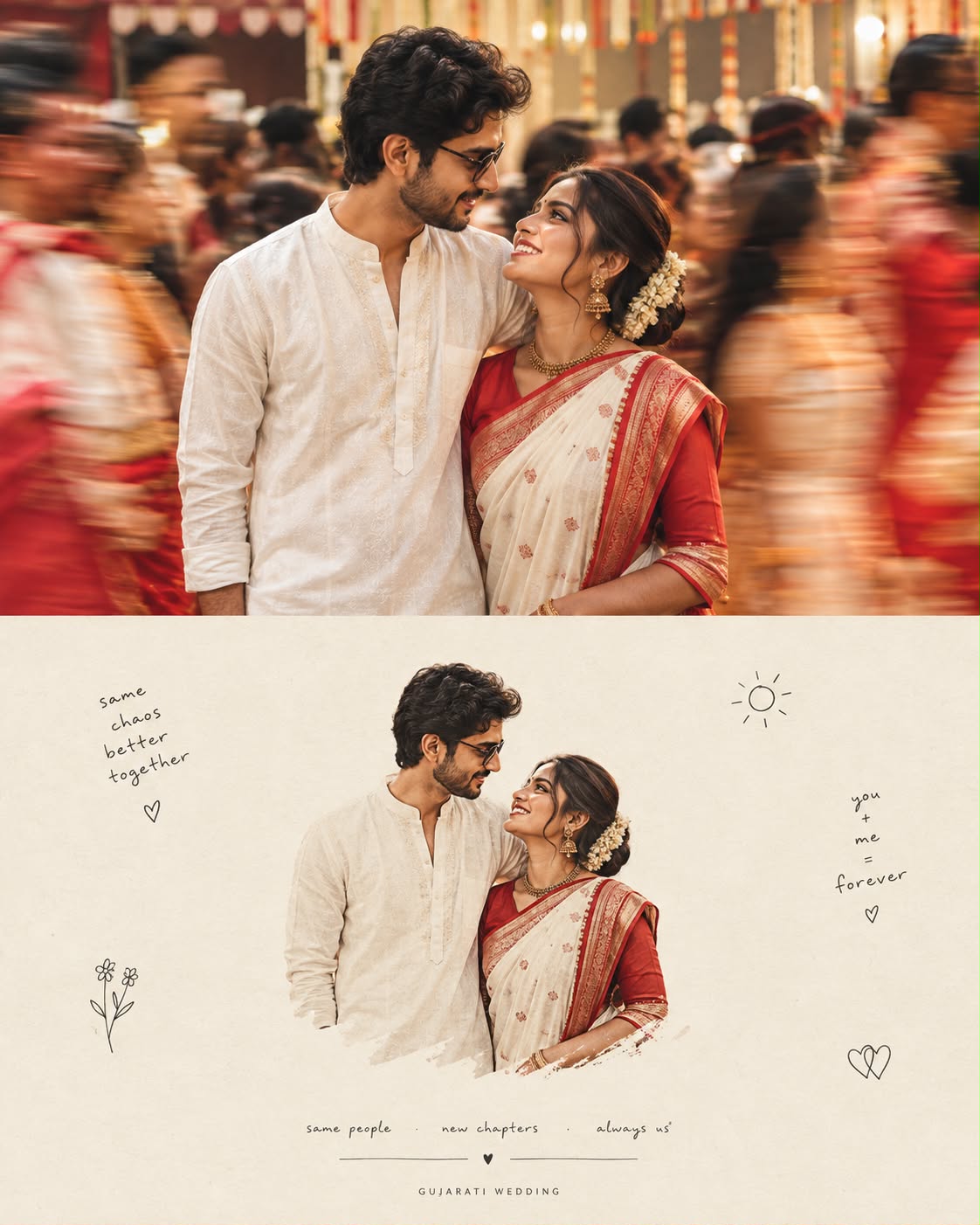 Gujarati Wedding Couple Portrait Cinematic AI Prompt Handmade Illustration 4:5