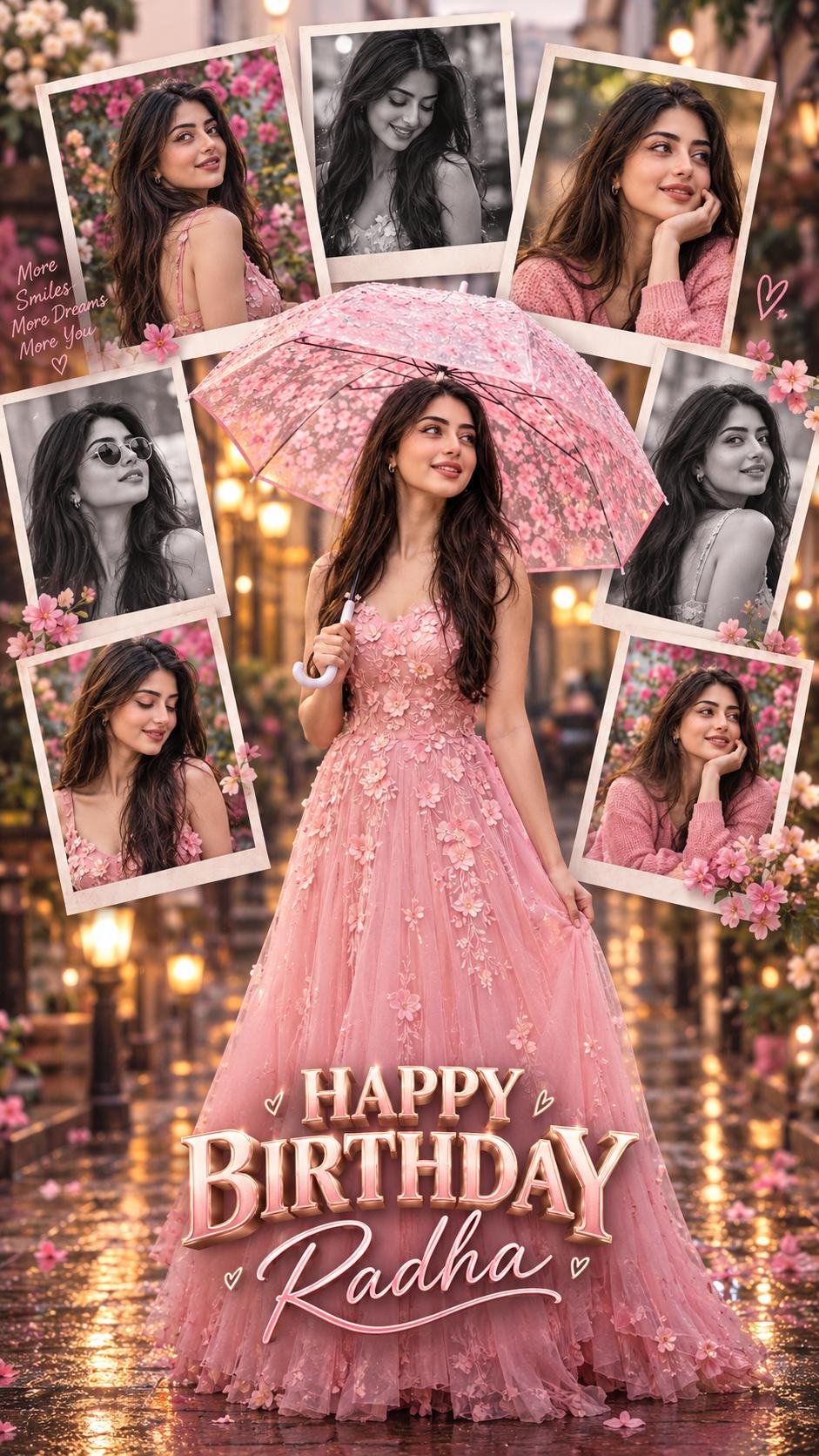 Happy Birthday girl photo collage AI image prompt ChatGPT | Pink dress, umbrella and cinematic 3D birthday design