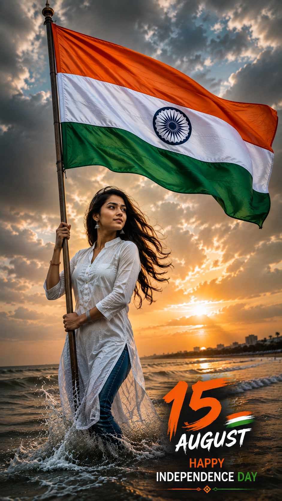 Indian Man &amp; Woman Holding National Flag at Beach | Happy Independence Day 15 August Poster