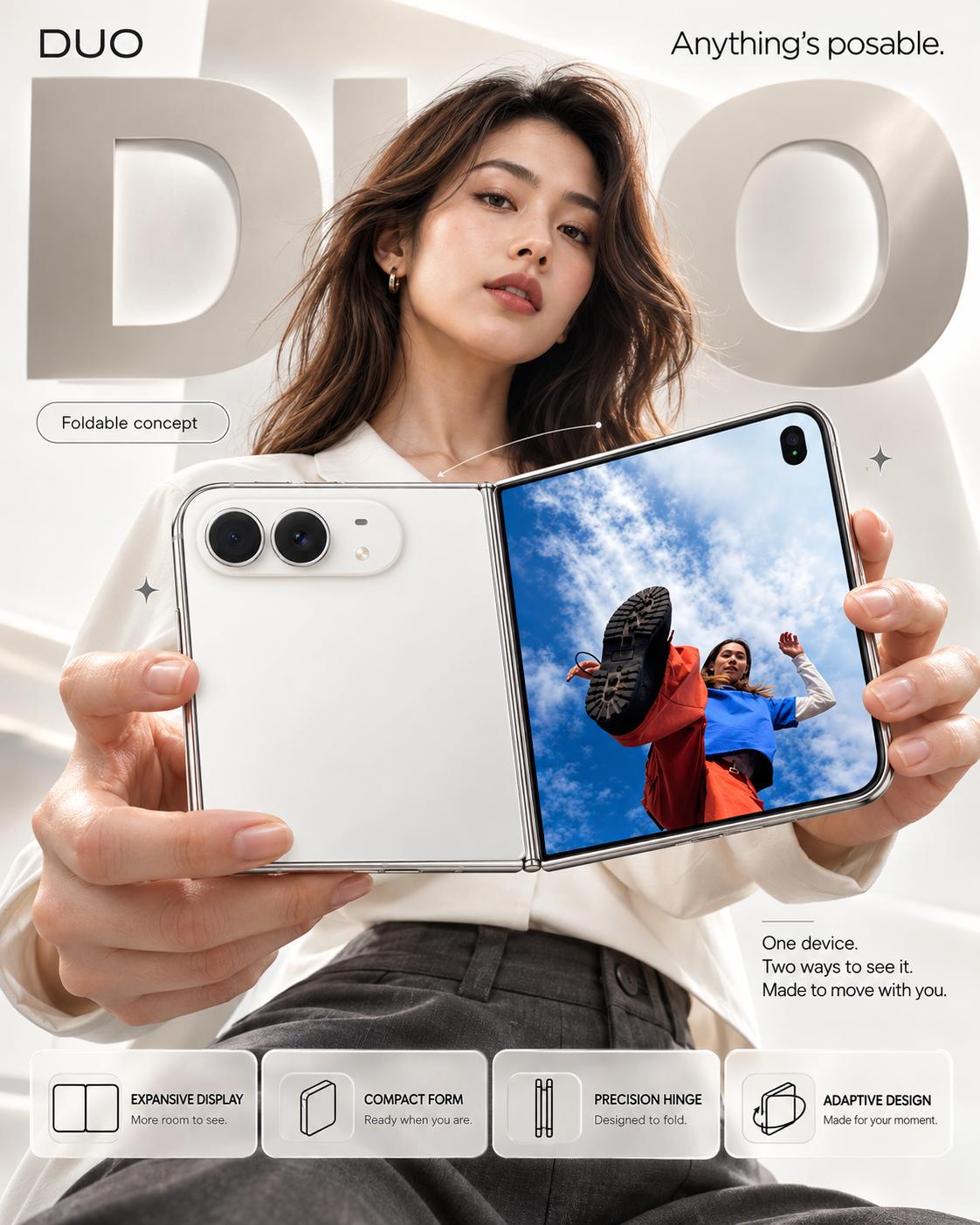 iPhone Duo Foldable Smartphone Advertising Ad concept AI Prompt ChatGPT | Premium Folding Phone Campaign