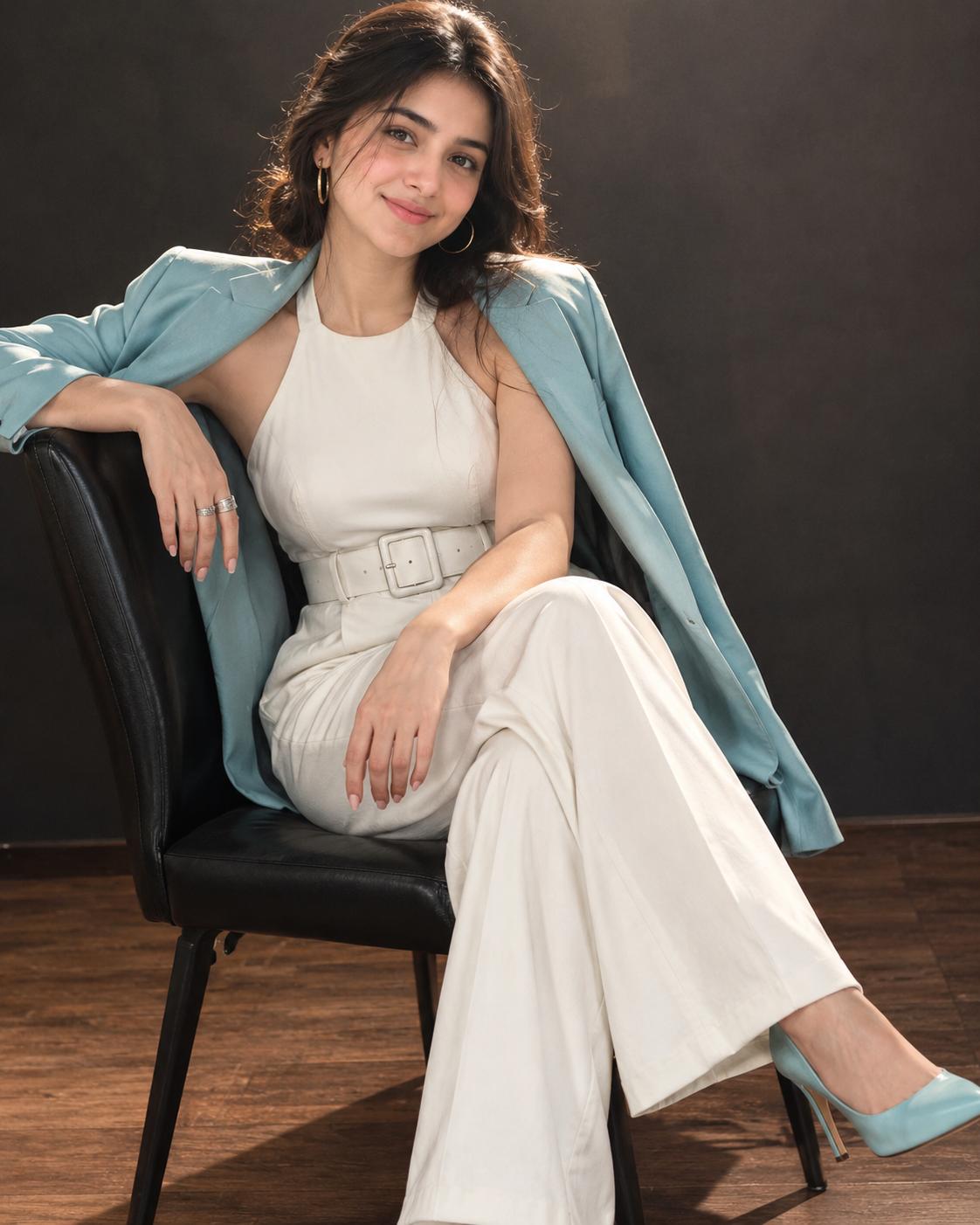 Lagoon Blue Blazer Luxury Style AI Image Prompt | Powerful Studio Editorial