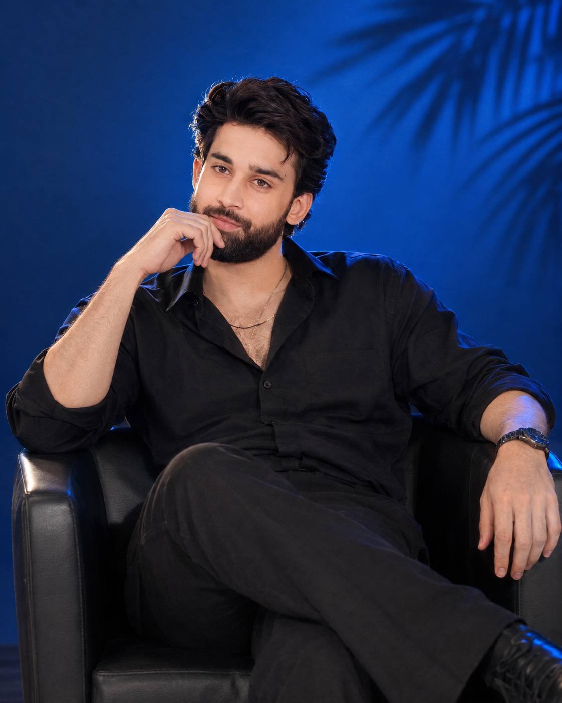 Luxury black shirt portrait AI prompt | Electric blue studio lighting