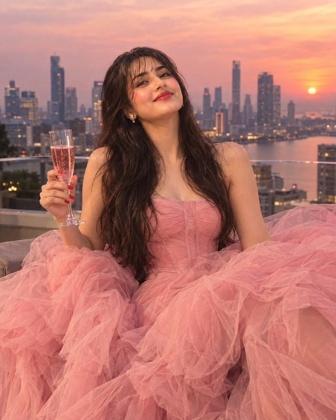 Pink tulle gown portrait AI prompt | Rooftop sunset & city skyline