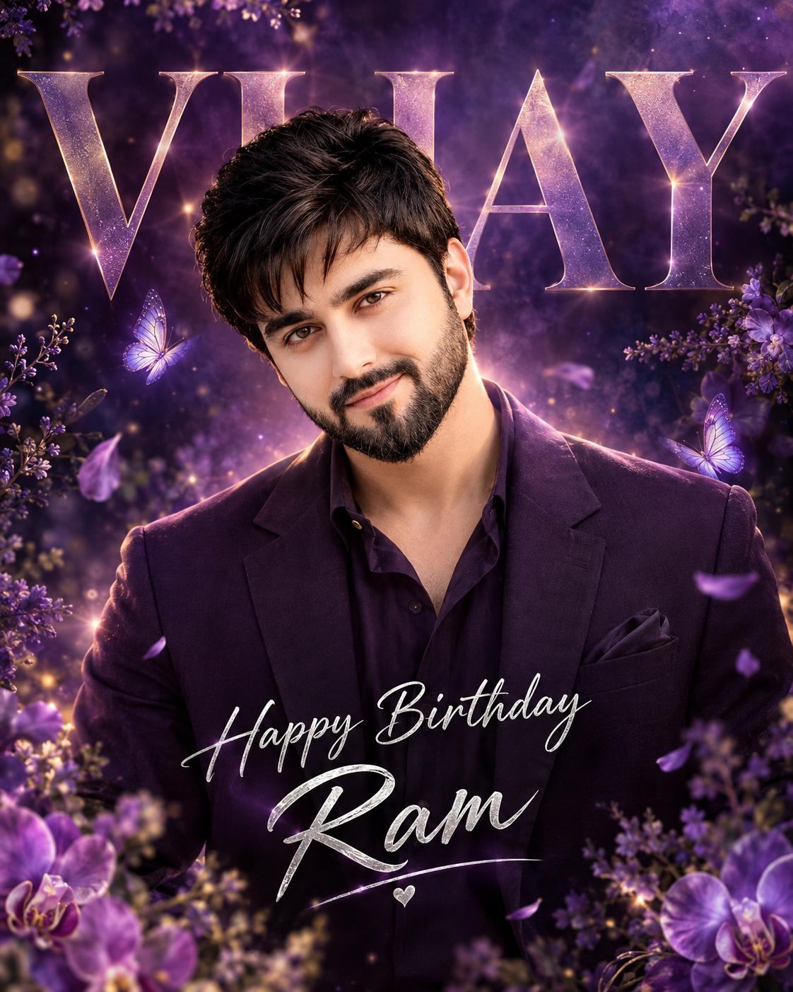 birthday poster AI prompt | Royal purple portrait, orchids & butterflies, Editorial
