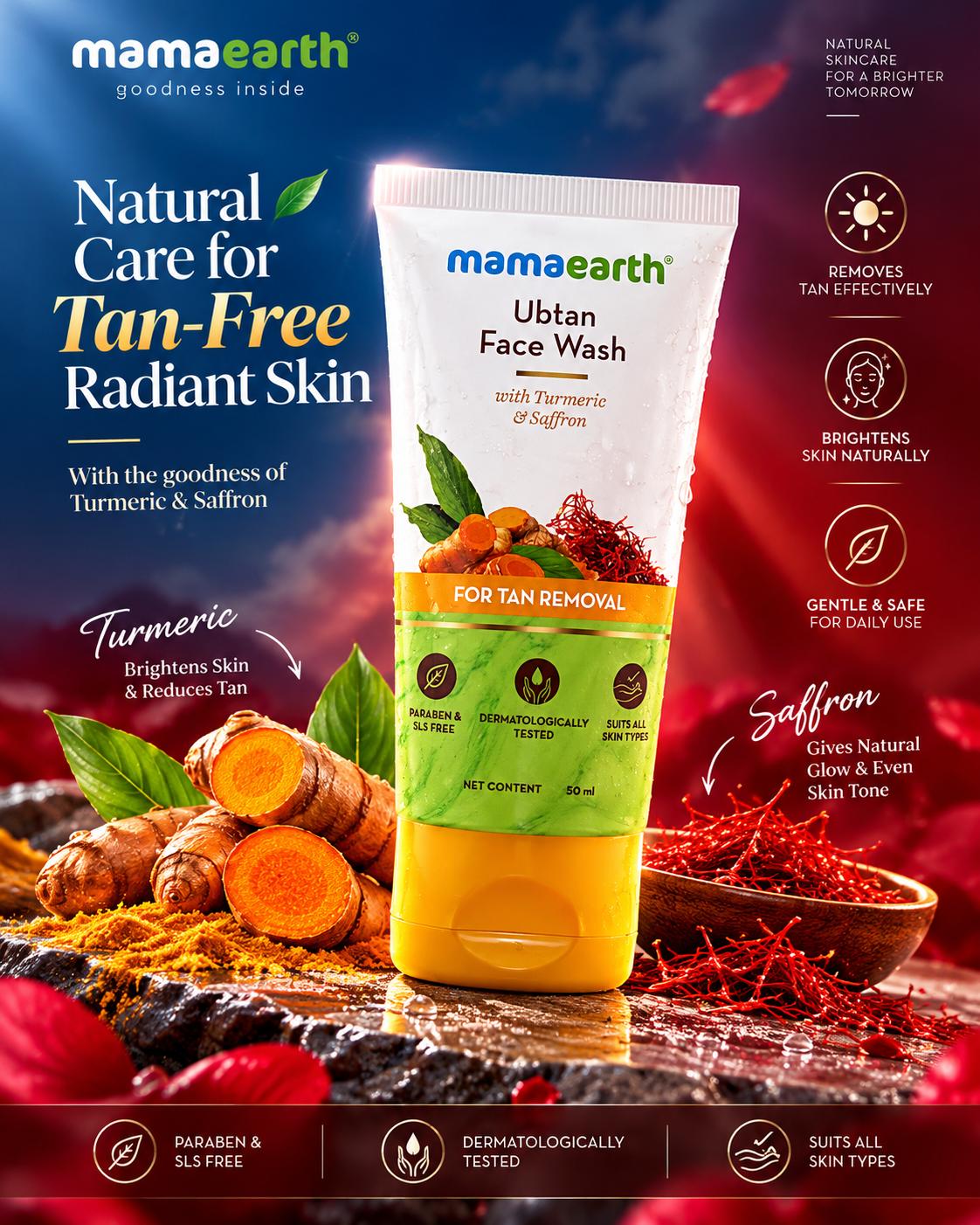 Mamaearth Face Wash Advertisement – Skincare Ads AI design Prompt | Luxury Blue & Cherry-Red Cosmetic Poster, 8K