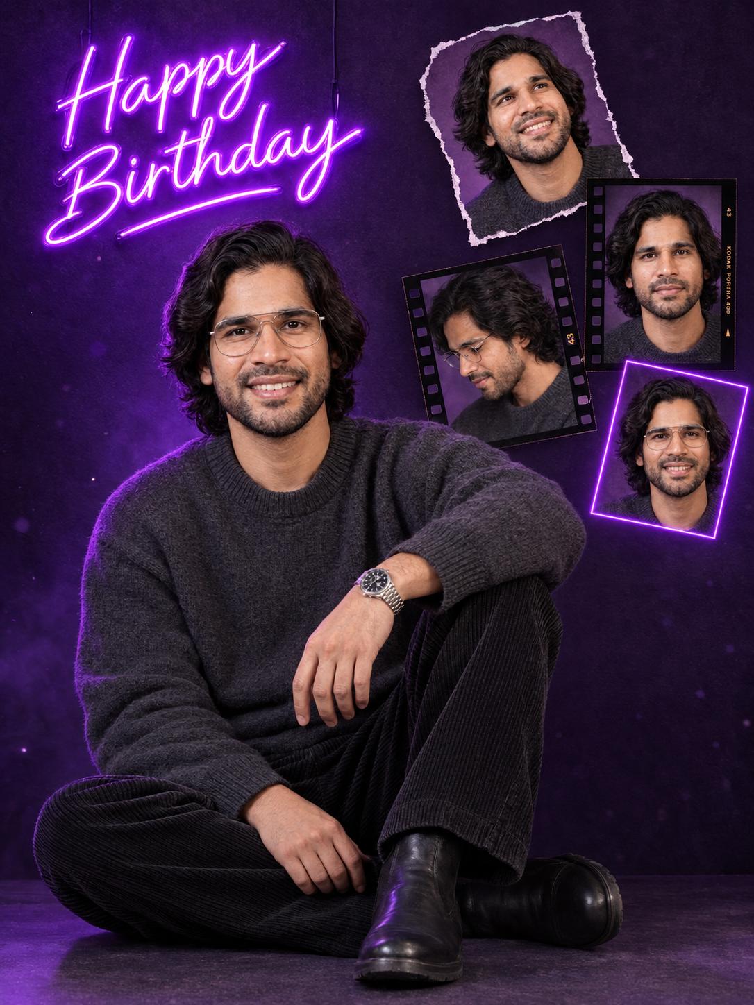 Men’s birthday collage portrait AI image prompt | Purple neon cinematic 3:4 ChatGPT style