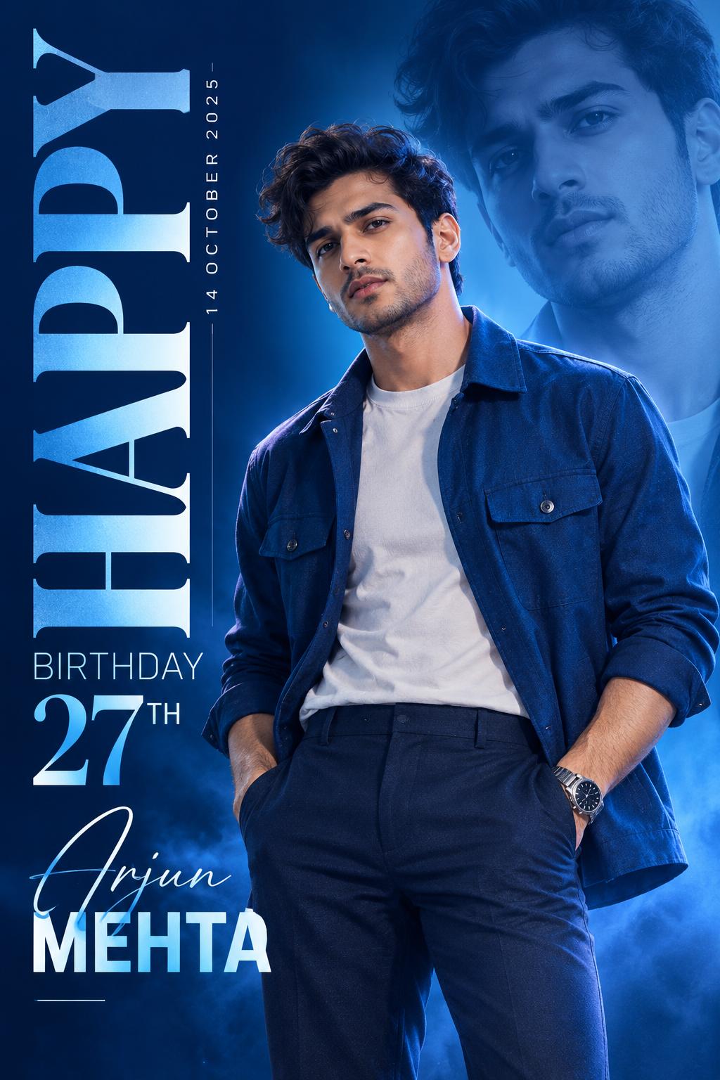 Men’s blue birthday poster AI image prompt Chatgpt | Luxury fashion with radiant blue lighting
