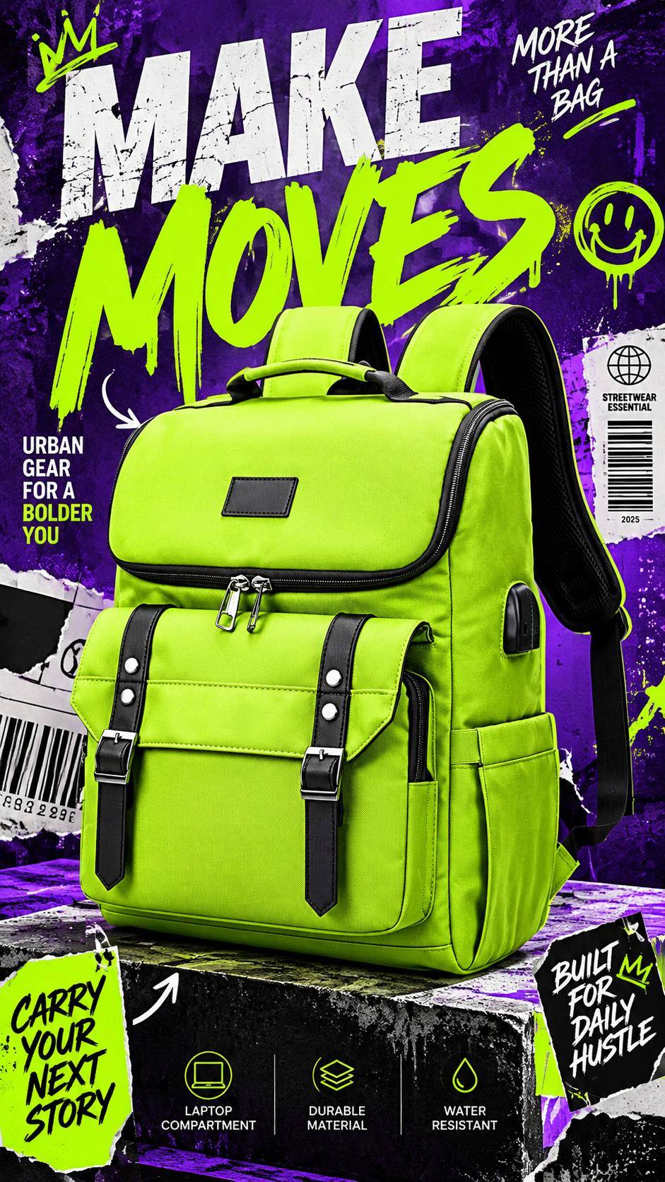 Messenger Bag Advertisement – Streetwear Ads AI Image Prompt | Neon Lime Bag, Royal Purple & Bold Urban Design