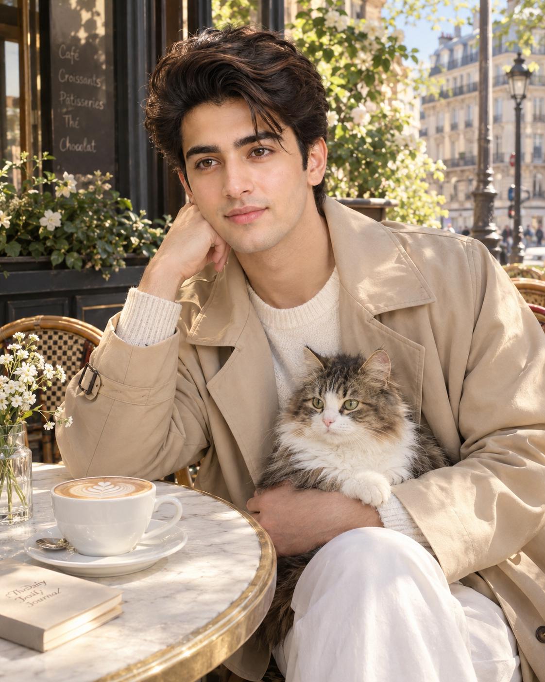 Parisian Cafe Girl Cozy Portrait AI Image Prompt | Fluffy Cat & Cappuccino