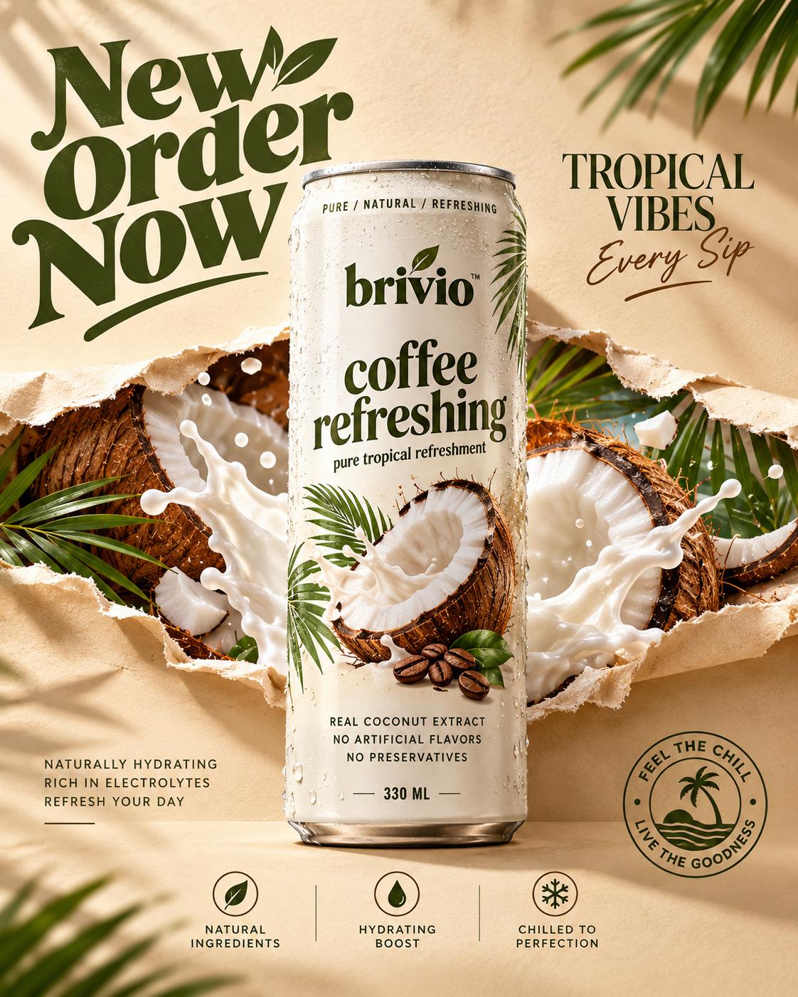 Premium Coconut Coffee Beverage Ads AI Prompt | Tropical Product Advertising Creative
