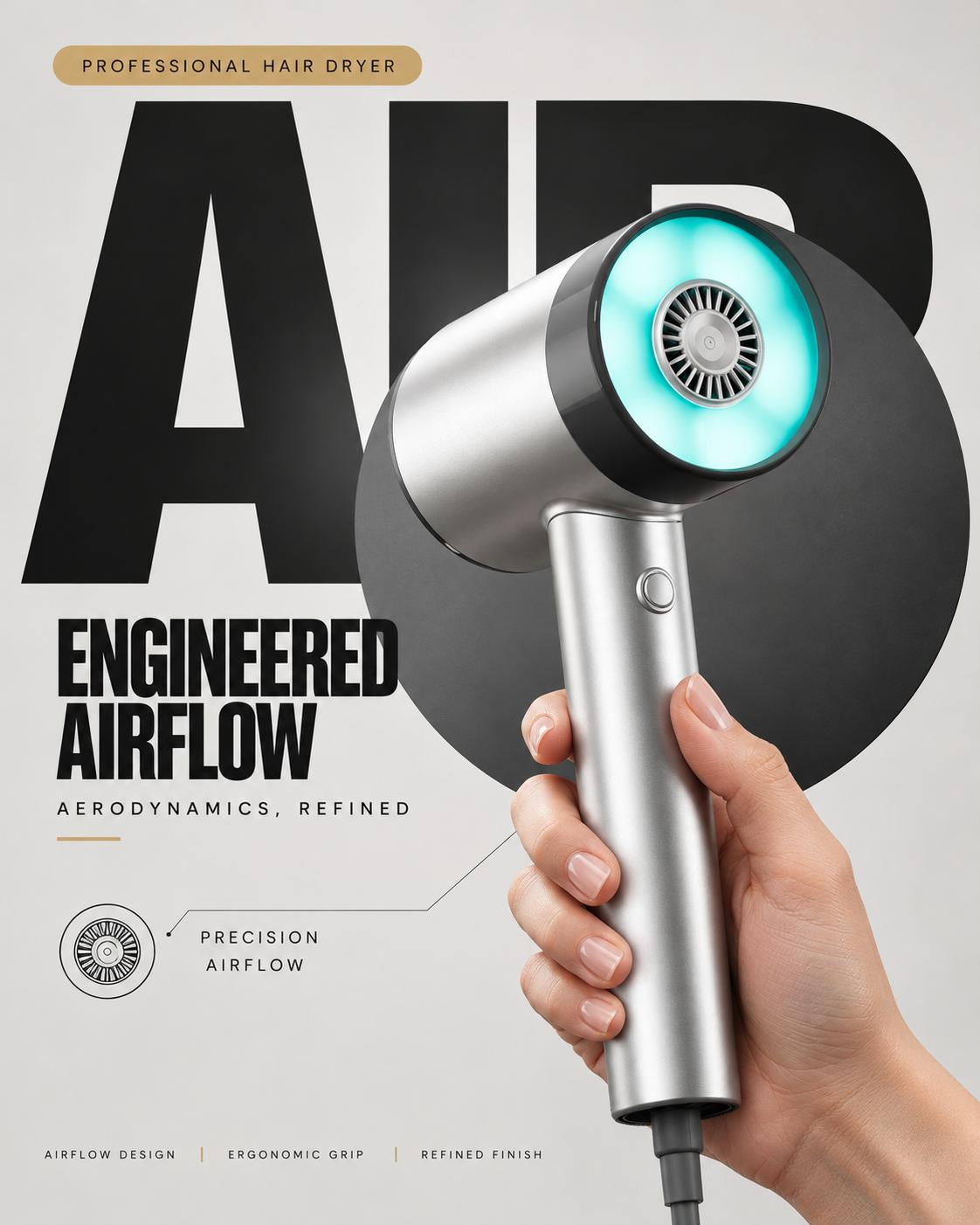 Premium Hair Dryer Product Advertisement – Minimalist Industrial Design AI Prompt