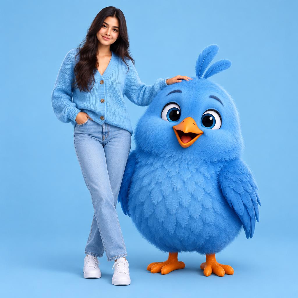 Woman and Bluebird AI Image Prompt Gemini | Sky-Blue 3D Avatar & Exact Face Identity Preservation