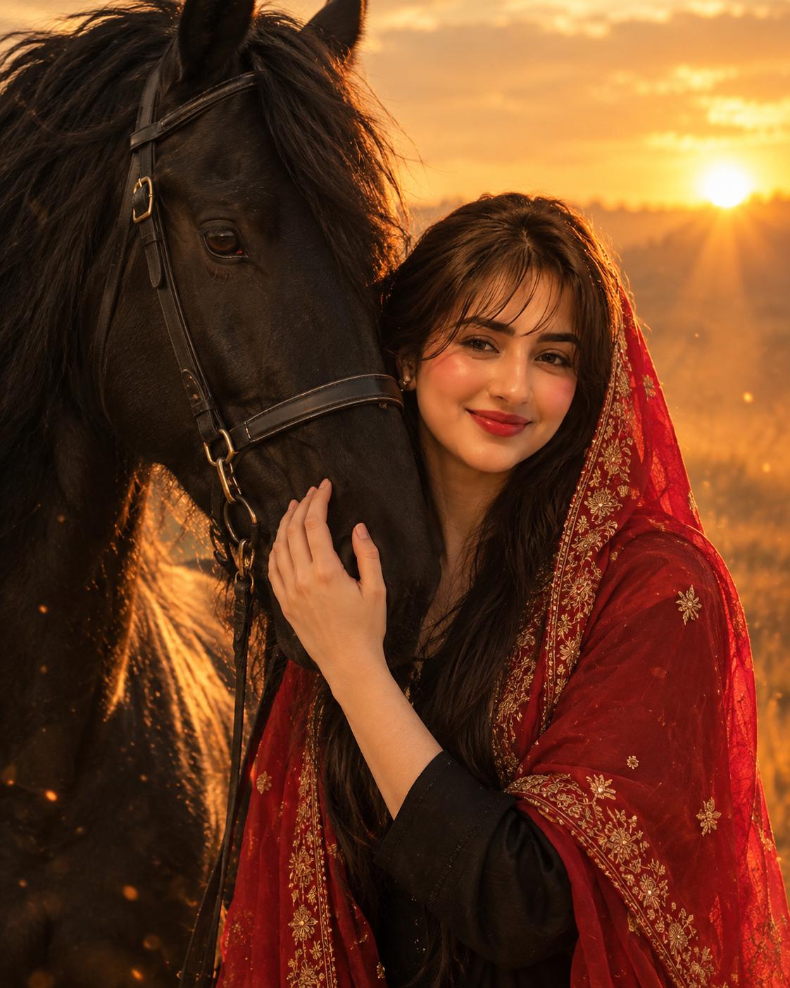 Red Veiled Woman Cinematic Style AI Image Prompt | Golden-Hour Black Stallion Portrait
