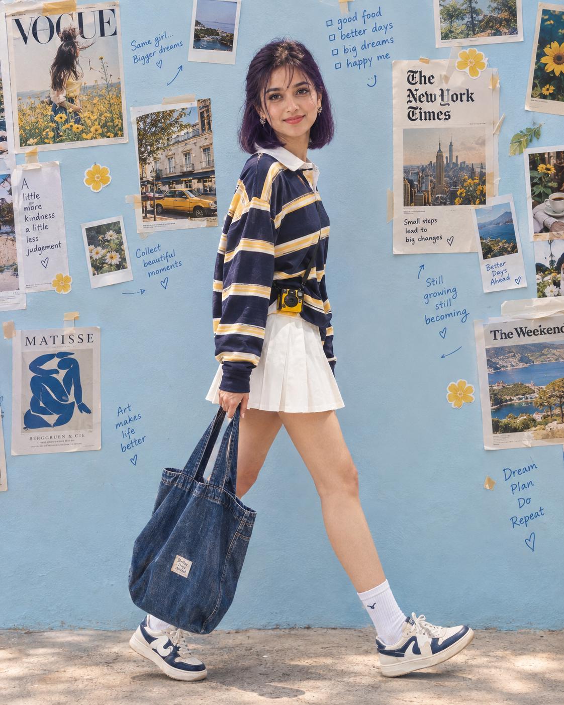 Retro Fashion Editorial Collage Style AI Image Prompt | Violet Bob Hair & Rugby Shirt
