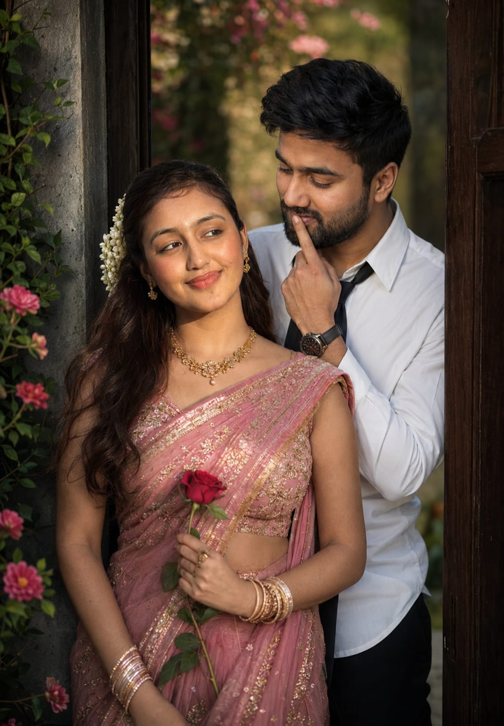 Romantic Indian Couple AI Prompt | Cinematic Garden Saree Portrait (8K)