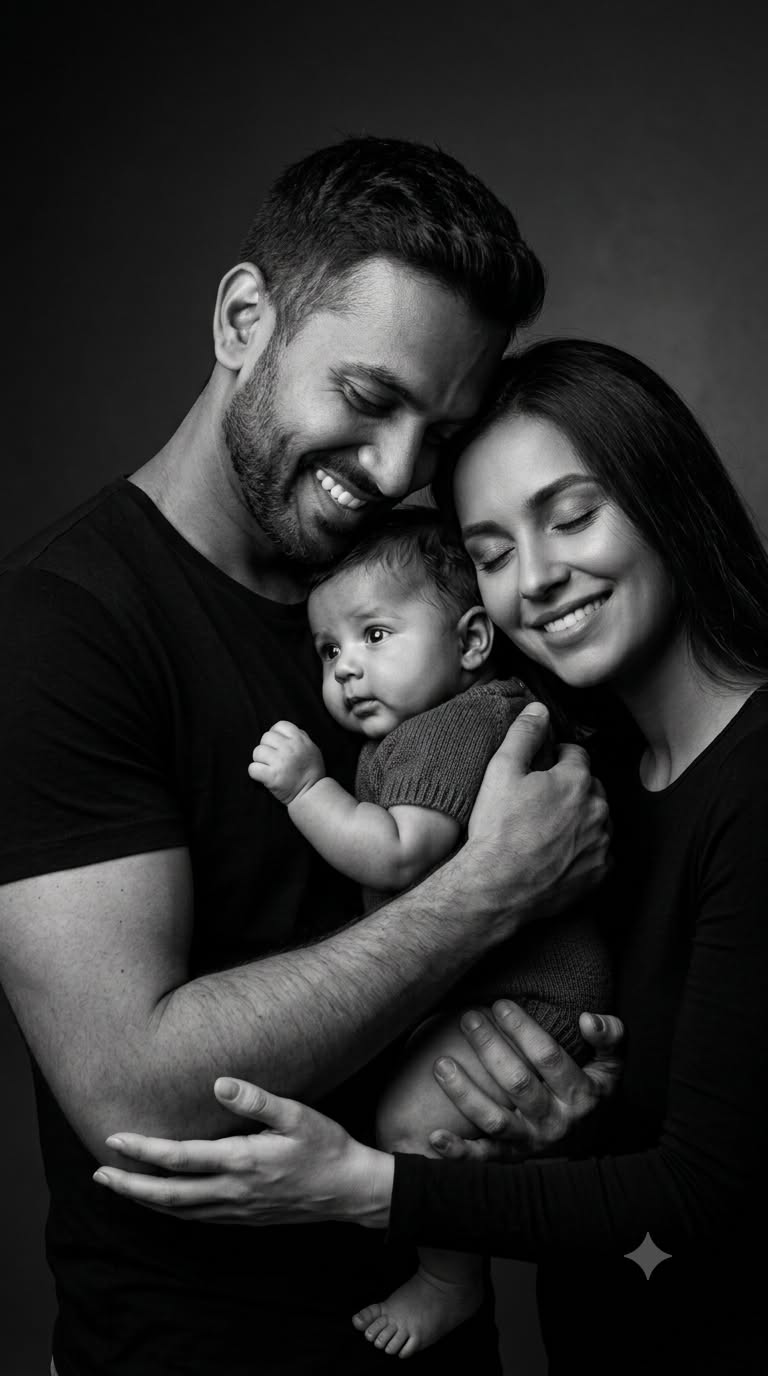 South Asian Family Embrace Portrait Black & White AI Prompt Studio 9:16