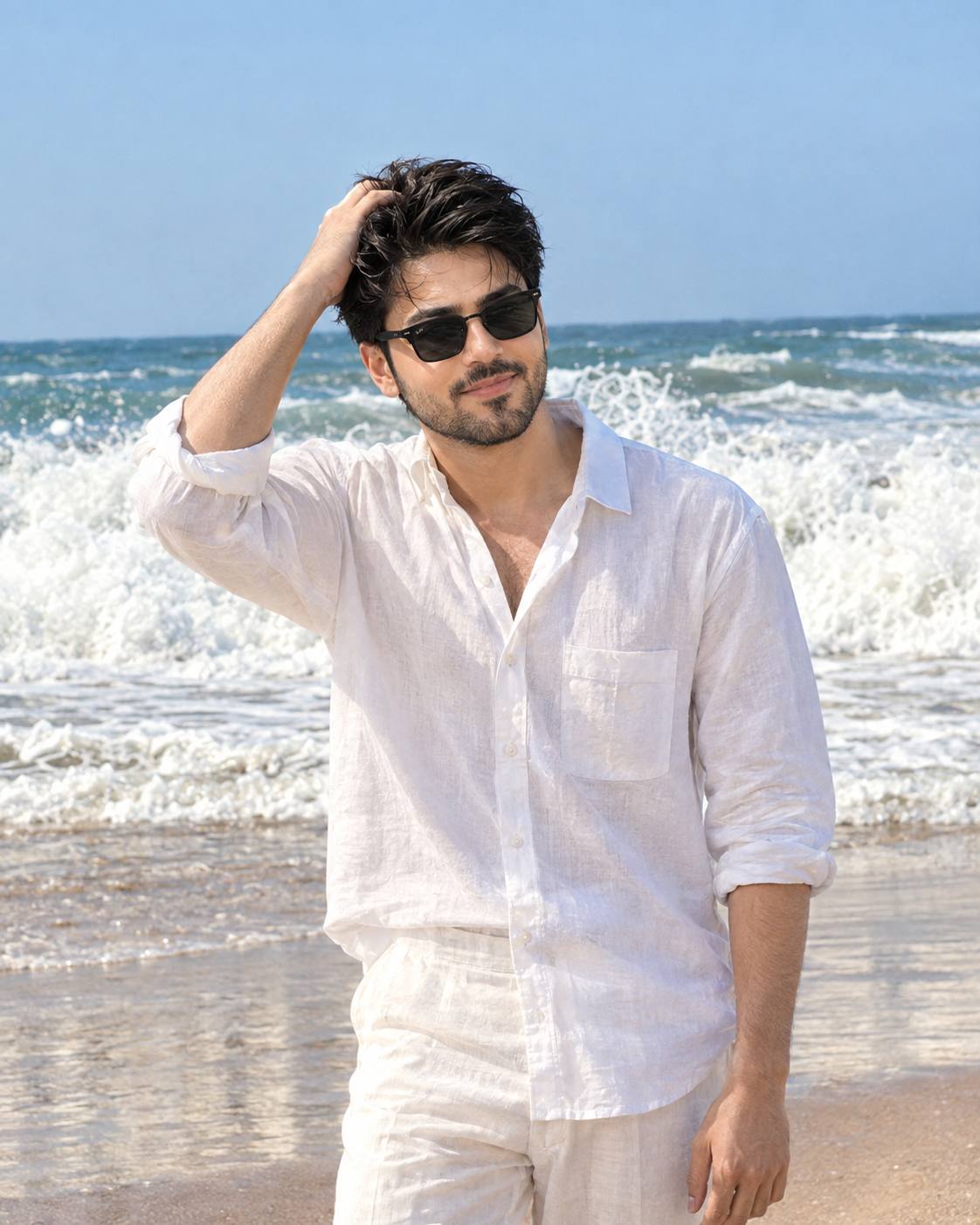 South Asian man beach portrait AI prompt | White linen and ocean waves