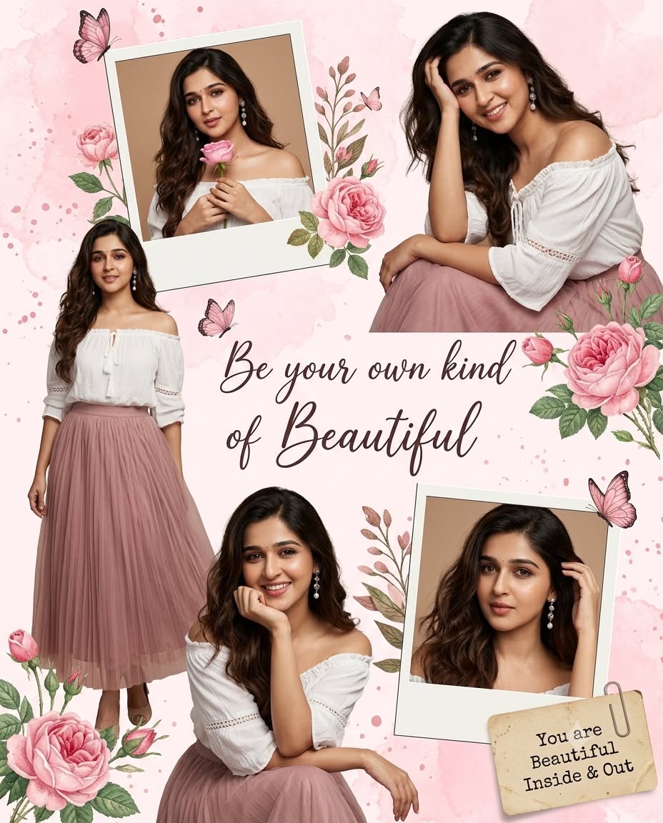 South Asian Woman Beauty Collage Photorealistic AI Prompt Pink Floral 4:5