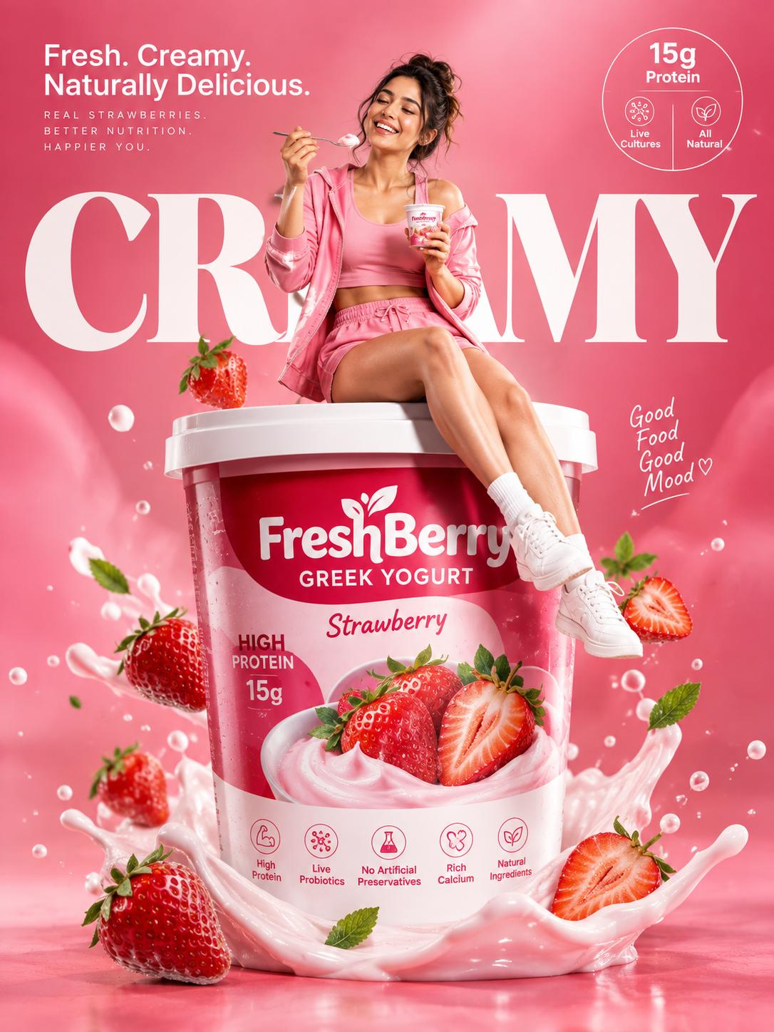 Strawberry Yogurt Advertisement – Dairy Food Ads AI Prompt | Premium Pink Product Campaign, 8K